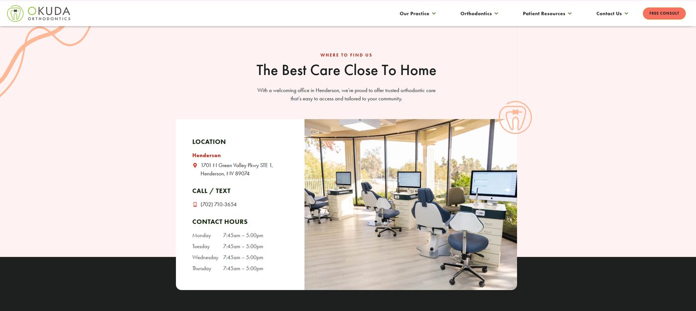 Okuda Orthodontics — location section with address and contact hours